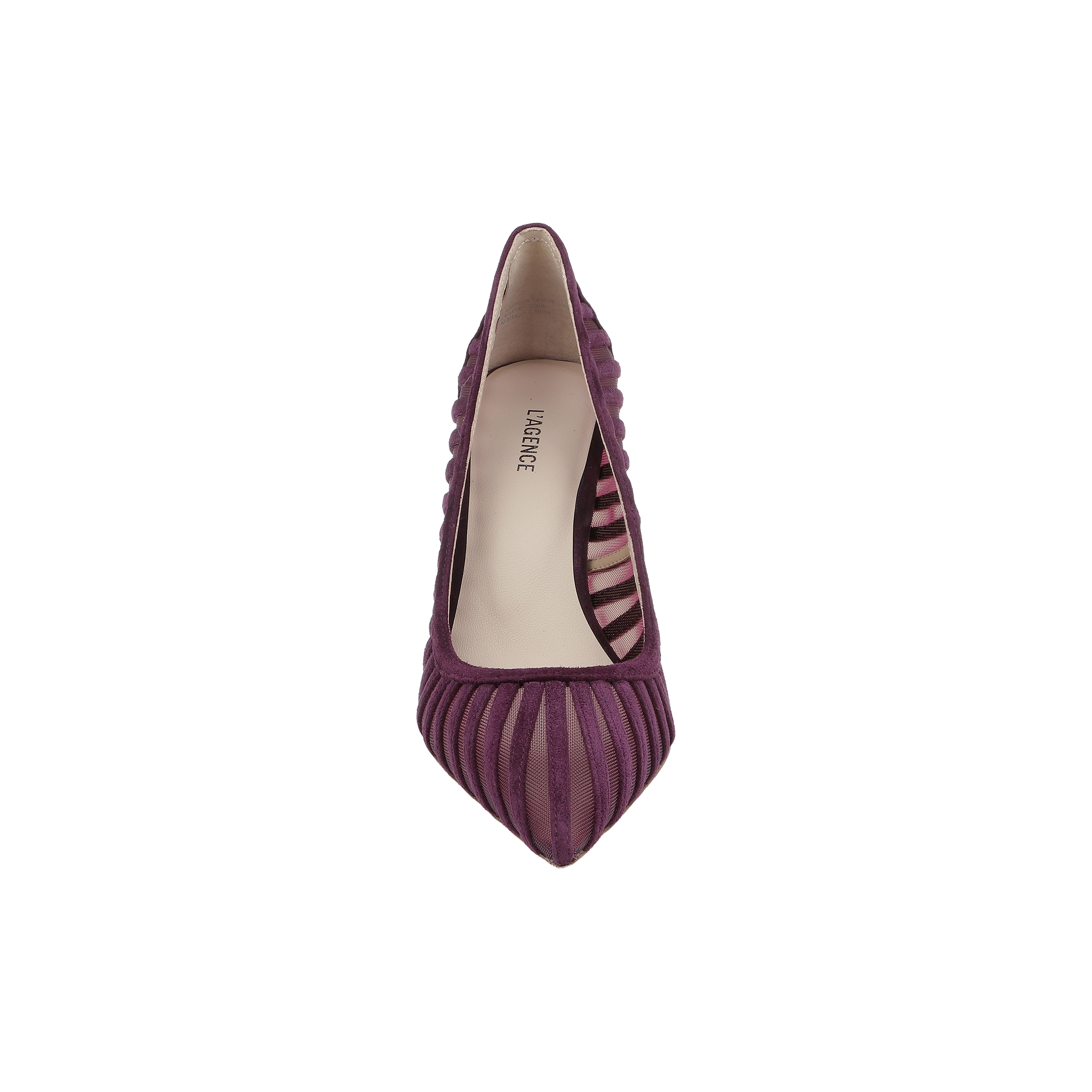 The Lenox Mesh Pump is shown from above on a white background, featuring a single purple suede pointed toe and a sheer striped mesh upper.