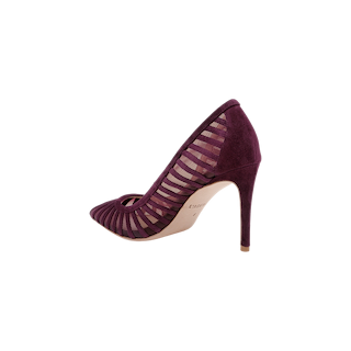 The Lenox Mesh Pump, shown on a white background, features purple suede with sheer striped mesh upper sides, a closed heel, and a pointed toe atop a distinctive Lenox heel.