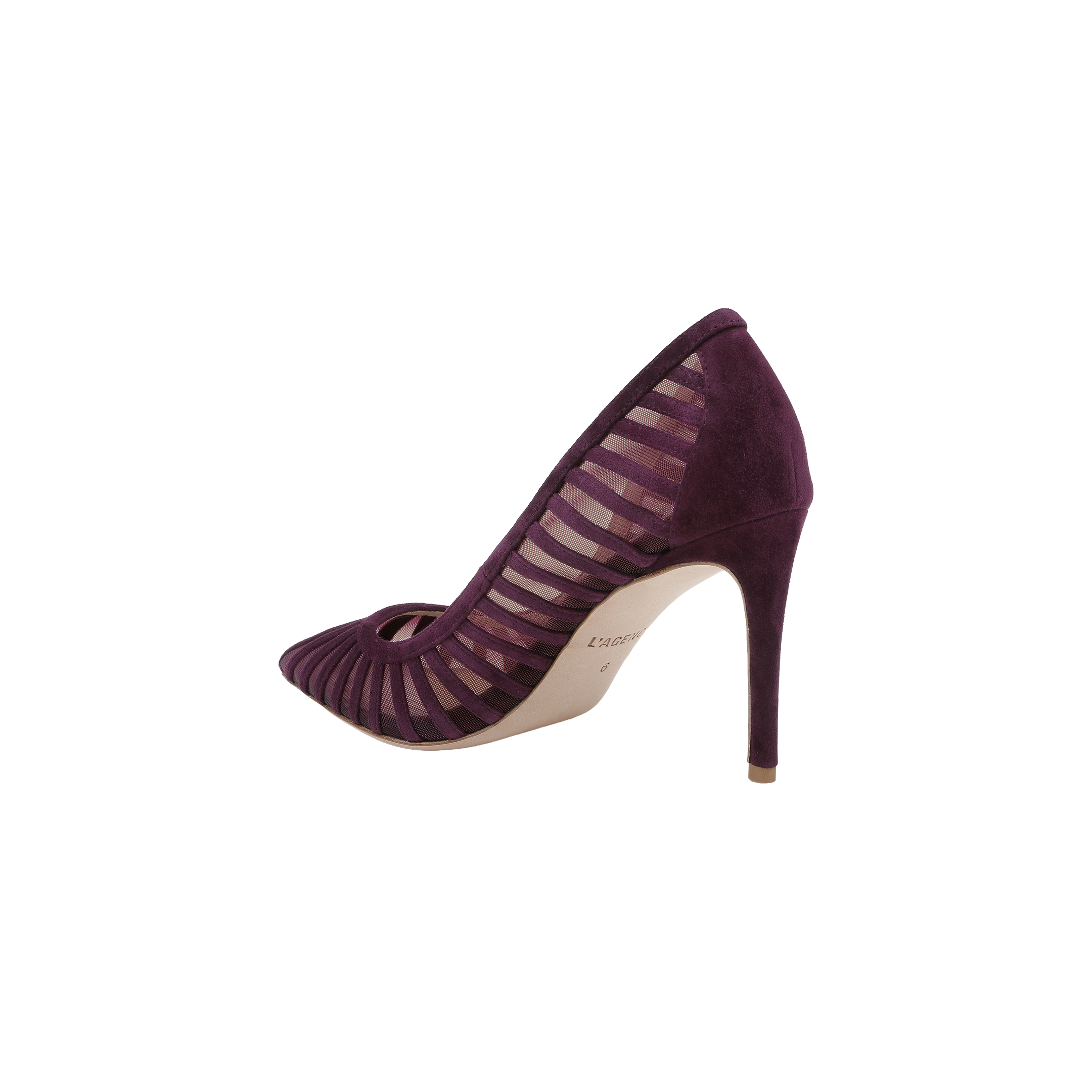 The Lenox Mesh Pump, featuring purple suede with mesh and suede stripes, a pointed toe, and a stiletto heel, is displayed from a rear side angle against a white background.