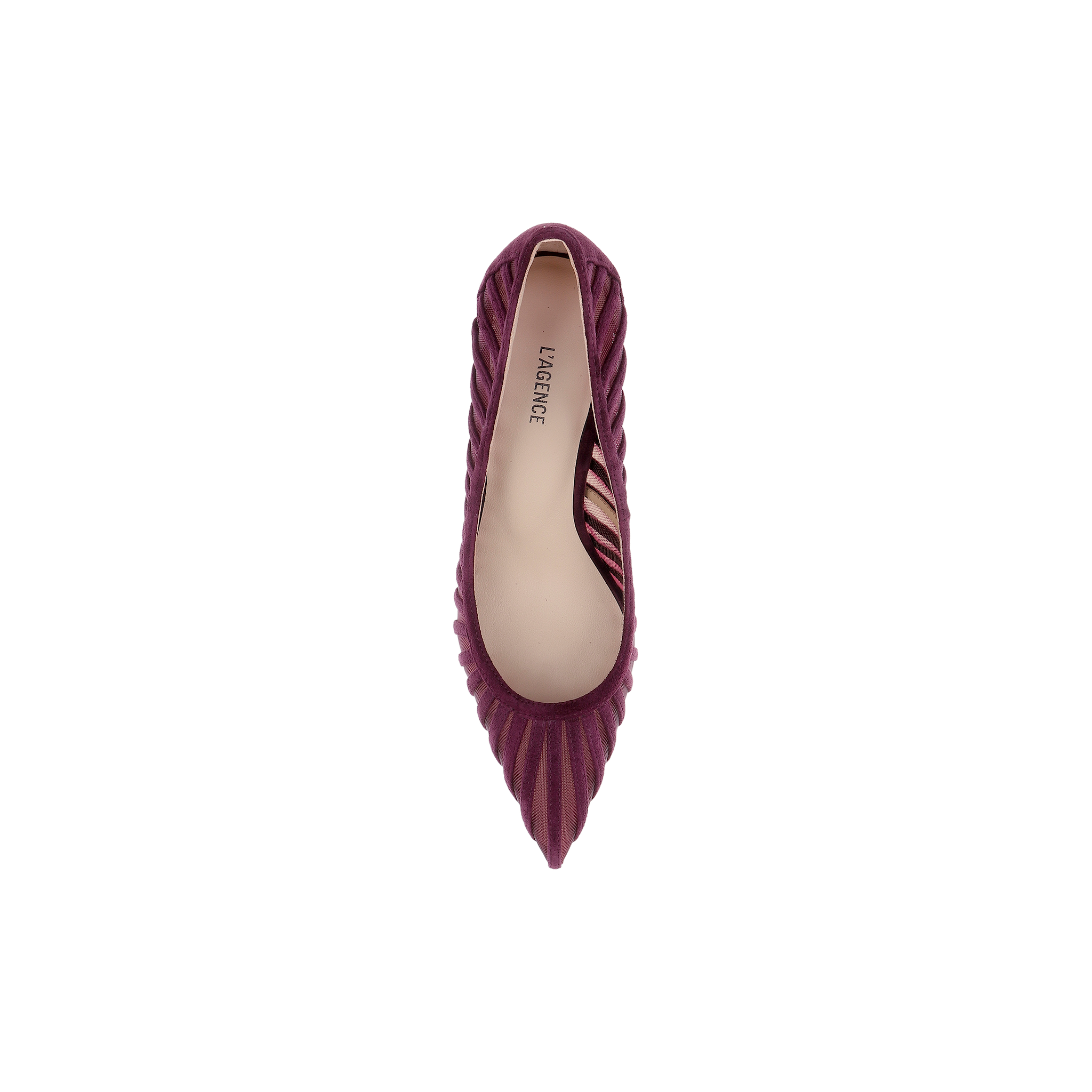 Top view of a single Lenox Mesh Pump in textured dark purple material with a mesh upper, featuring the brand name LAGENCE visible on the insole, against a white background.