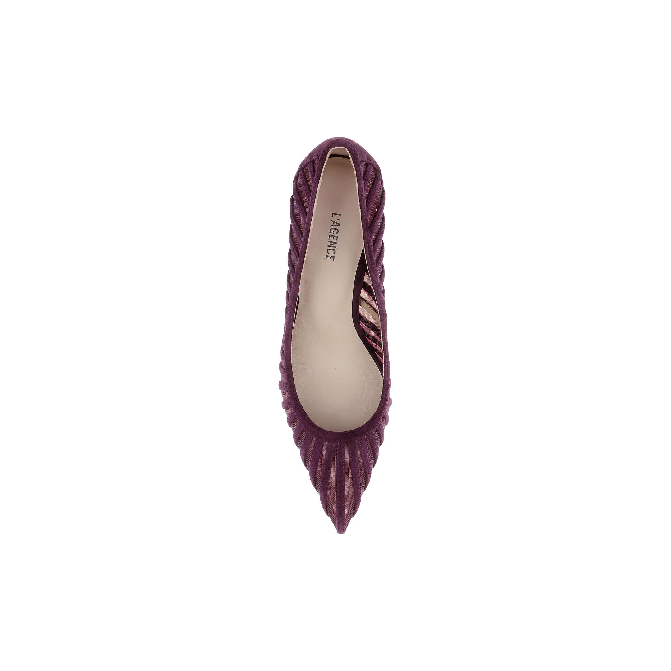Top view of a single Lenox Mesh Pump in textured dark purple material with a mesh upper, featuring the brand name LAGENCE visible on the insole, against a white background.