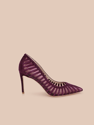 A single purple Lenox Mesh Pump with a pointed toe and semi-transparent striped cutouts is displayed on a light beige background.