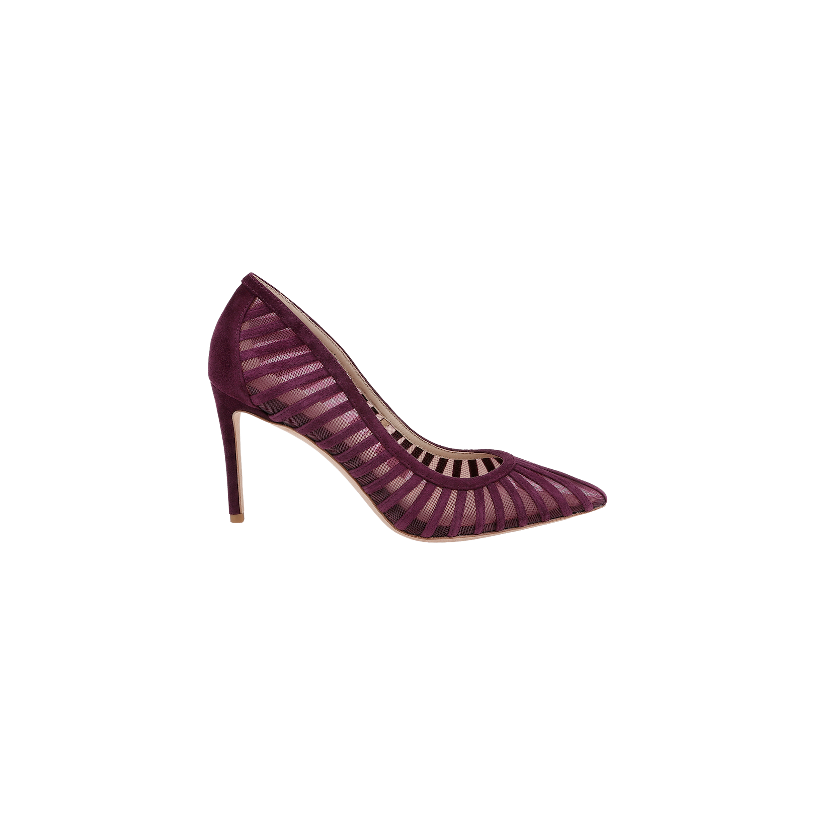 The Lenox Mesh Pump is a purple suede shoe featuring a pointed toe and sheer striped mesh panels, displayed on a white background.