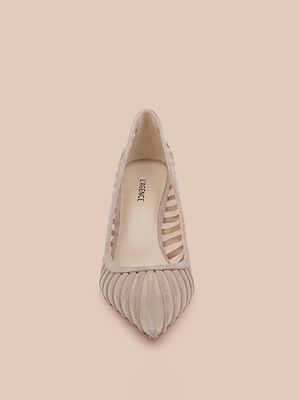 The Lenox Mesh Pump is a single pale pink suede shoe with a pointed toe and mesh and suede striped details, shown front-facing on a light beige background. The insole features the LARGOPE logo.