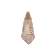 The Lenox Mesh Pump, a single beige suede mesh shoe with a pointed toe, showcases striped textured detailing and cut-out sides. It is displayed from an overhead view against a plain white background.