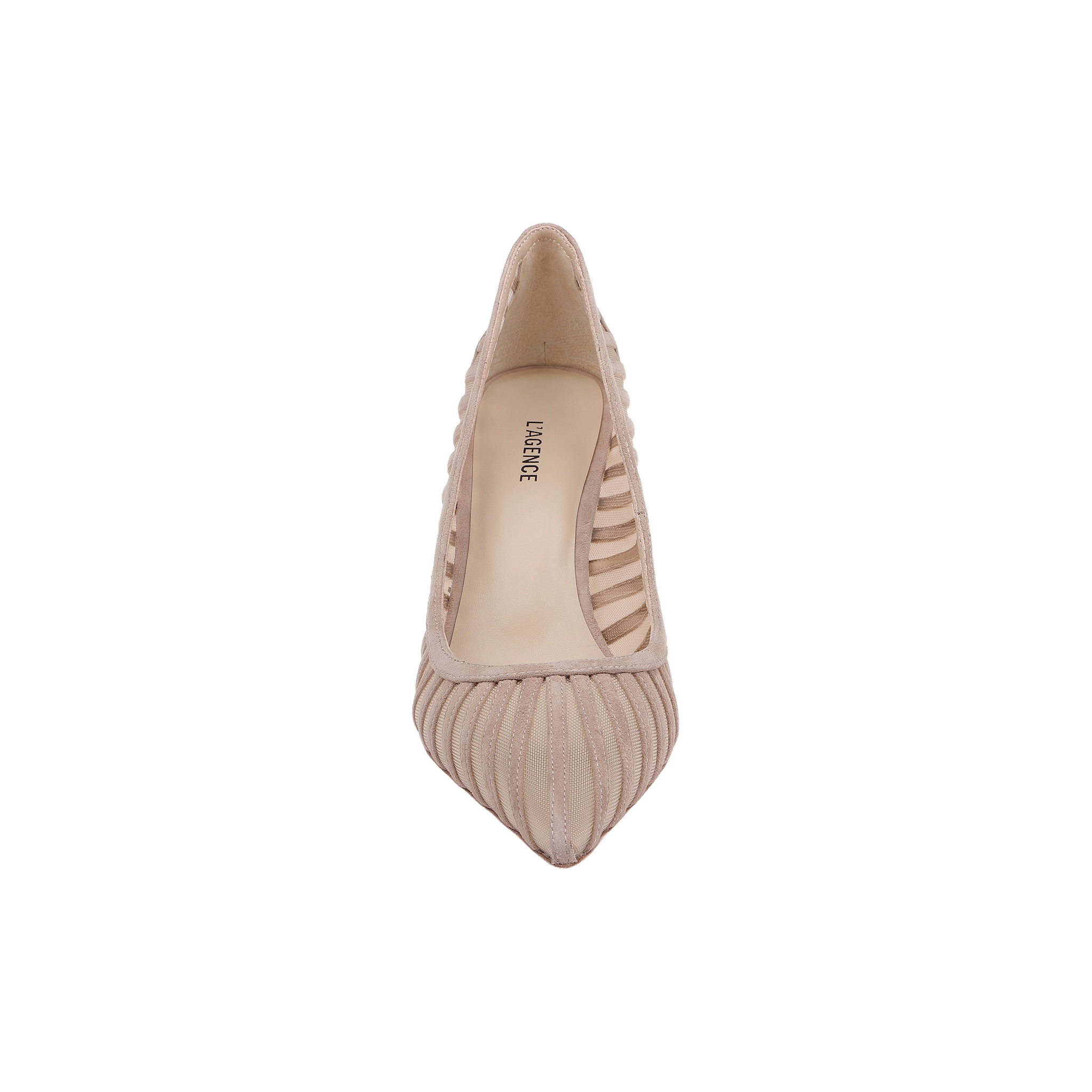 The Lenox Mesh Pump, a single beige suede mesh shoe with a pointed toe, showcases striped textured detailing and cut-out sides. It is displayed from an overhead view against a plain white background.