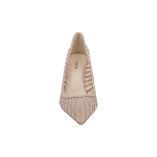 A top-down view against a plain white background features the Lenox Mesh Pump—a single beige suede mesh heel with a pointed toe and solid vertical stripes, highlighting its elegant design.