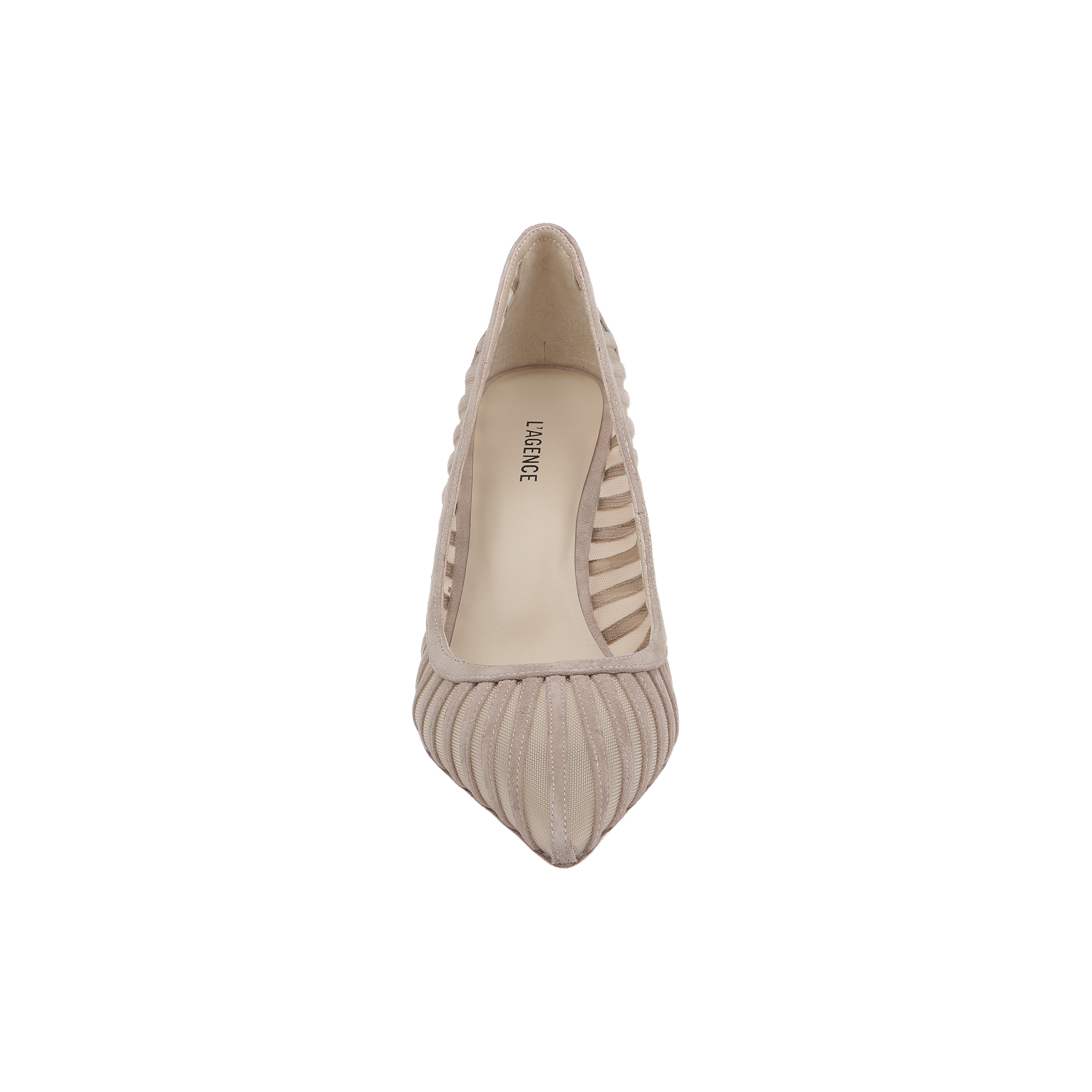The Lenox Mesh Pump, a single beige suede mesh shoe with a pointed toe, showcases striped textured detailing and cut-out sides. It is displayed from an overhead view against a plain white background.