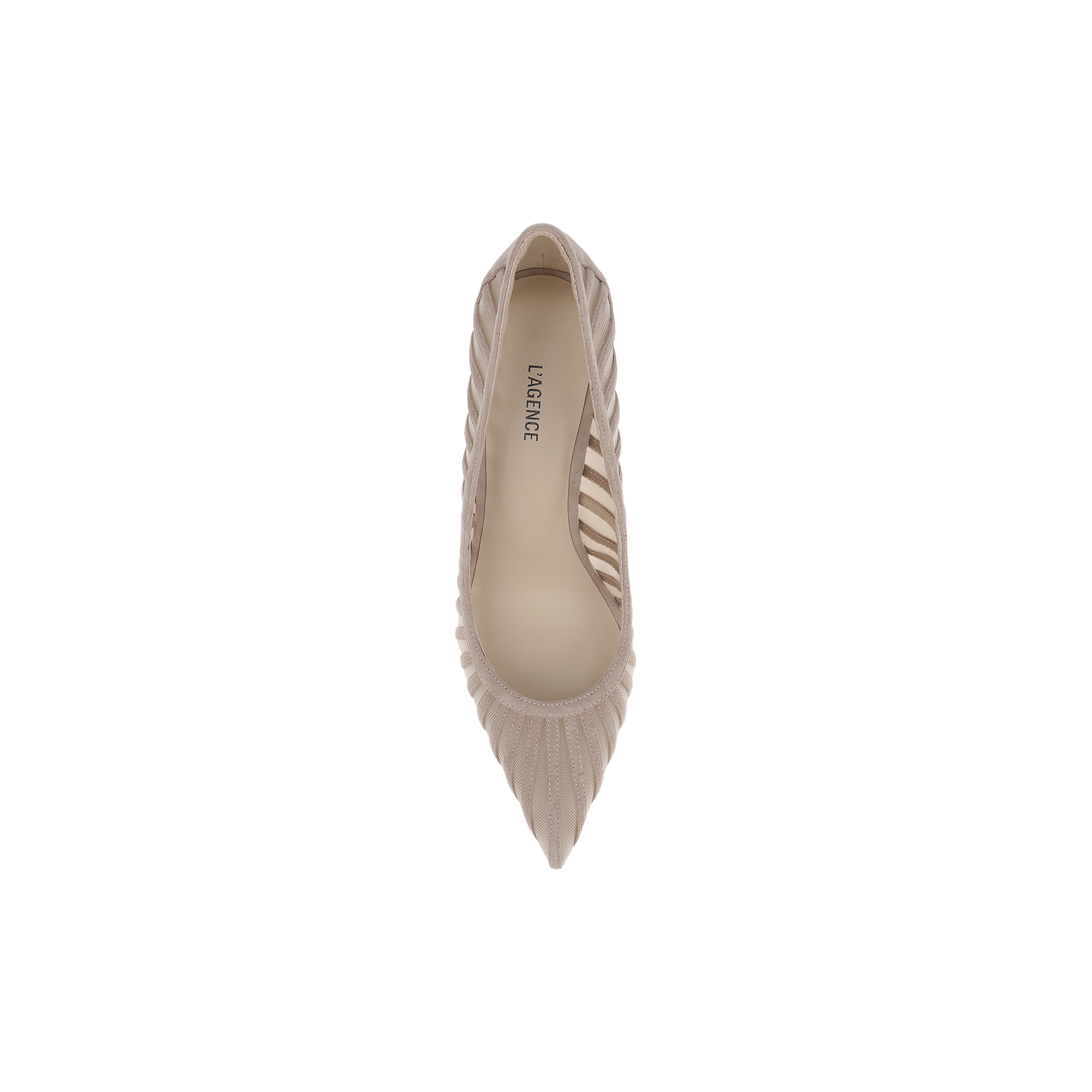 A single Lenox Mesh Pump in beige, featuring a pointed toe and striped suede mesh design, is shown from above on a plain white background. The insole is labeled LAGENCE.