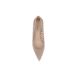 A top view of the Lenox Mesh Pump—a single beige pointed-toe flat featuring a ribbed textured design and cut-out sides, reminiscent of a suede mesh pump—displayed on a plain white background.