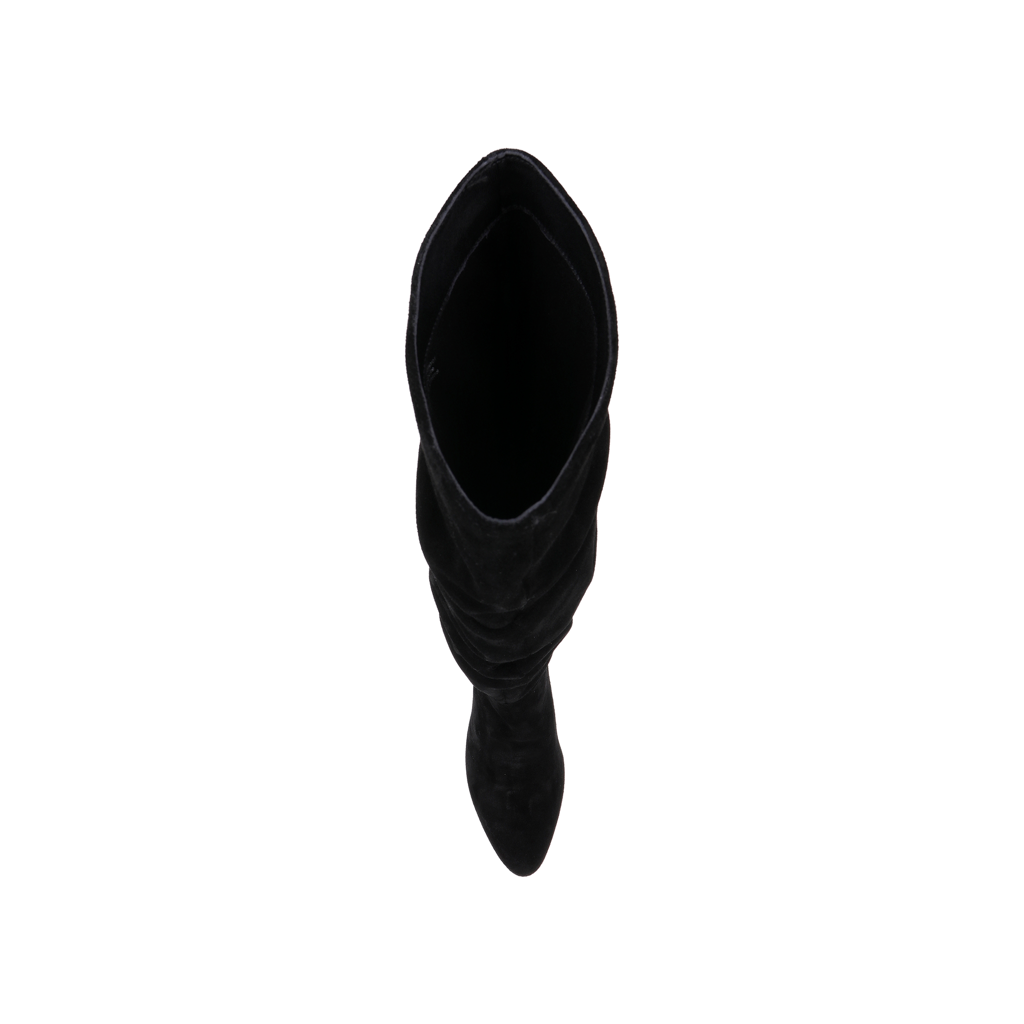 Fletcher Boot in black slouchy suede, featuring a knee-high silhouette and block heel, viewed from above on a plain white background.