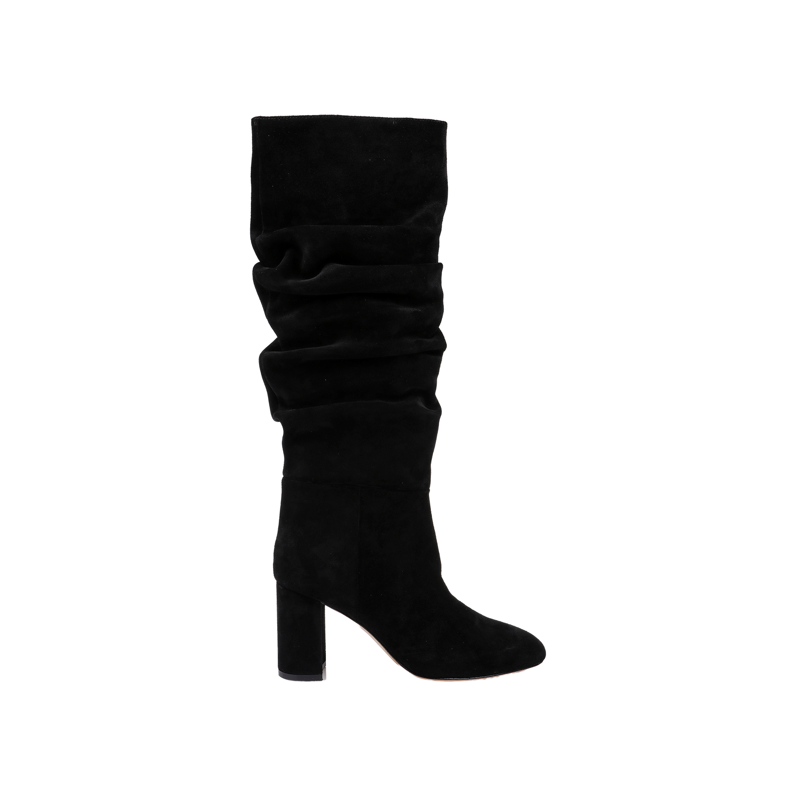 The Fletcher Boot is a black suede knee-high boot featuring a slouchy shaft, rounded toe, and chunky high heel—this bohemian chic style is displayed on a plain white background.