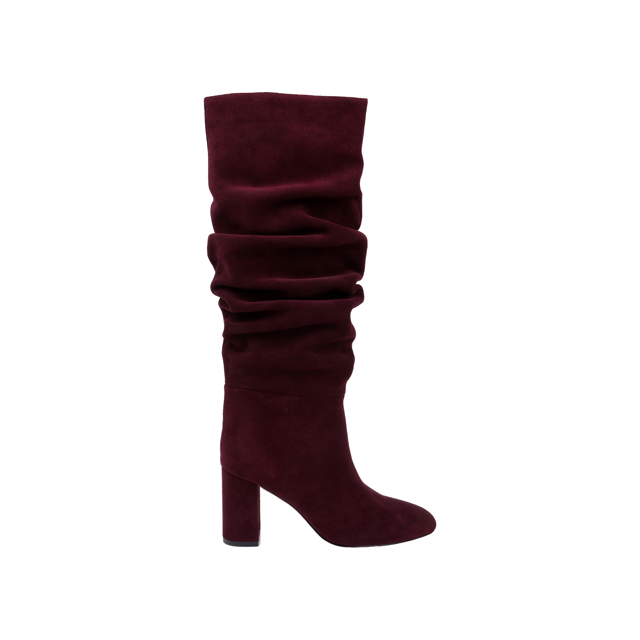 The Fletcher Boot is a single knee-high, slouchy suede boot in rich burgundy, featuring a chunky block heel and a relaxed shaft for an effortlessly bohemian chic style, showcased on a plain white background.