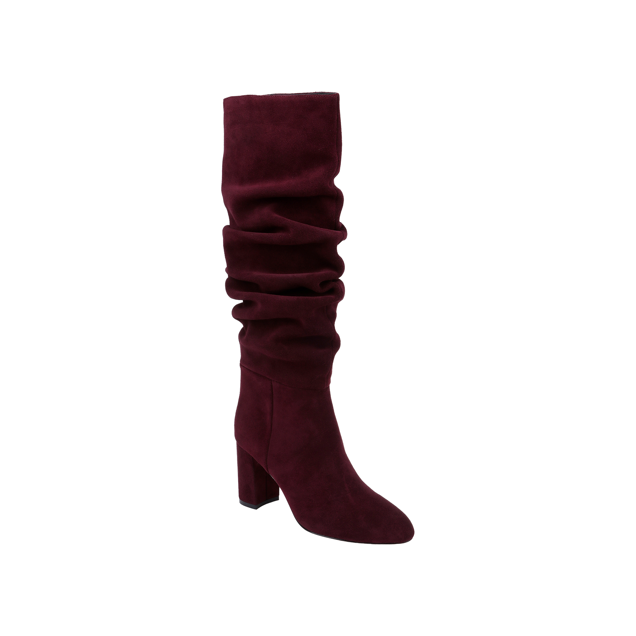 The Fletcher Boot, a knee-high slouchy suede boot in rich burgundy with a chunky block heel, exudes bohemian chic style and is displayed on a plain white background.