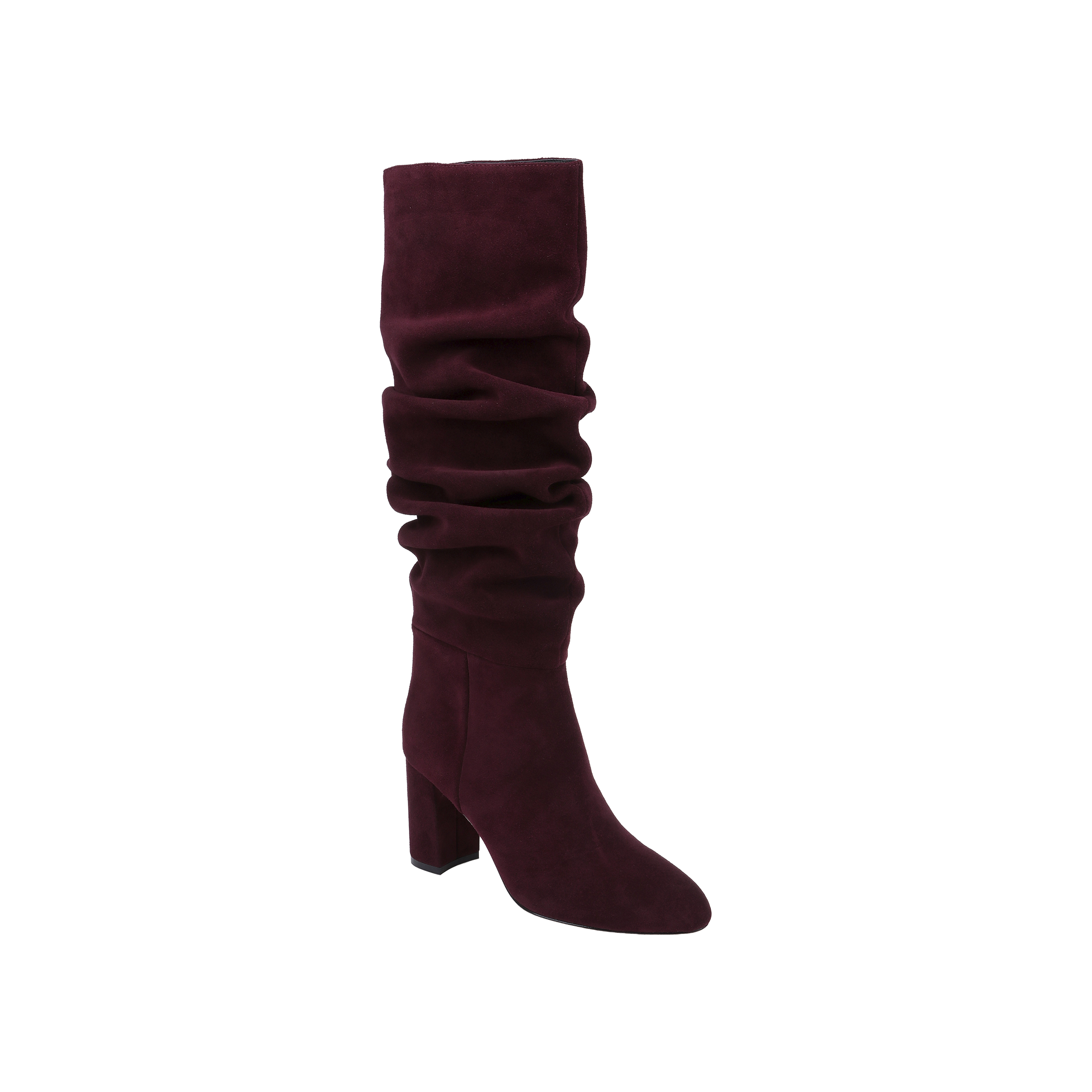 The Fletcher Boot, a knee-high slouchy suede boot in rich burgundy with a chunky block heel, exudes bohemian chic style and is displayed on a plain white background.