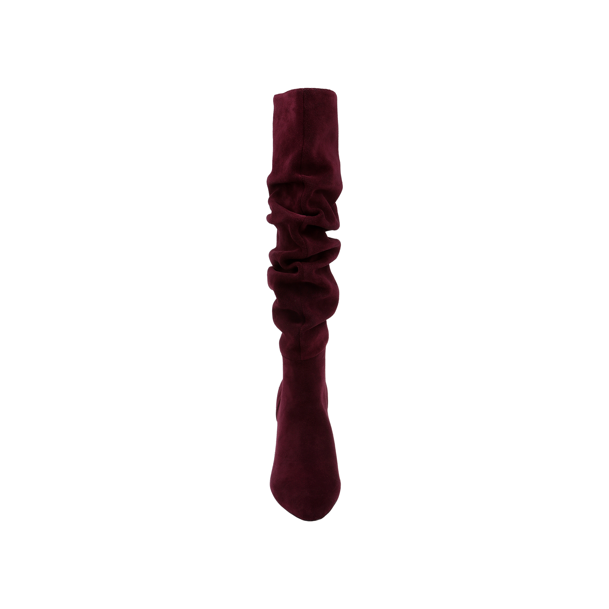 The Fletcher Boot, a single maroon slouchy suede boot with a stylish block heel, is displayed upright against a plain white background.