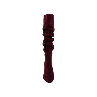 The Fletcher Boot, a single maroon slouchy suede boot with a stylish block heel, is displayed upright against a plain white background.