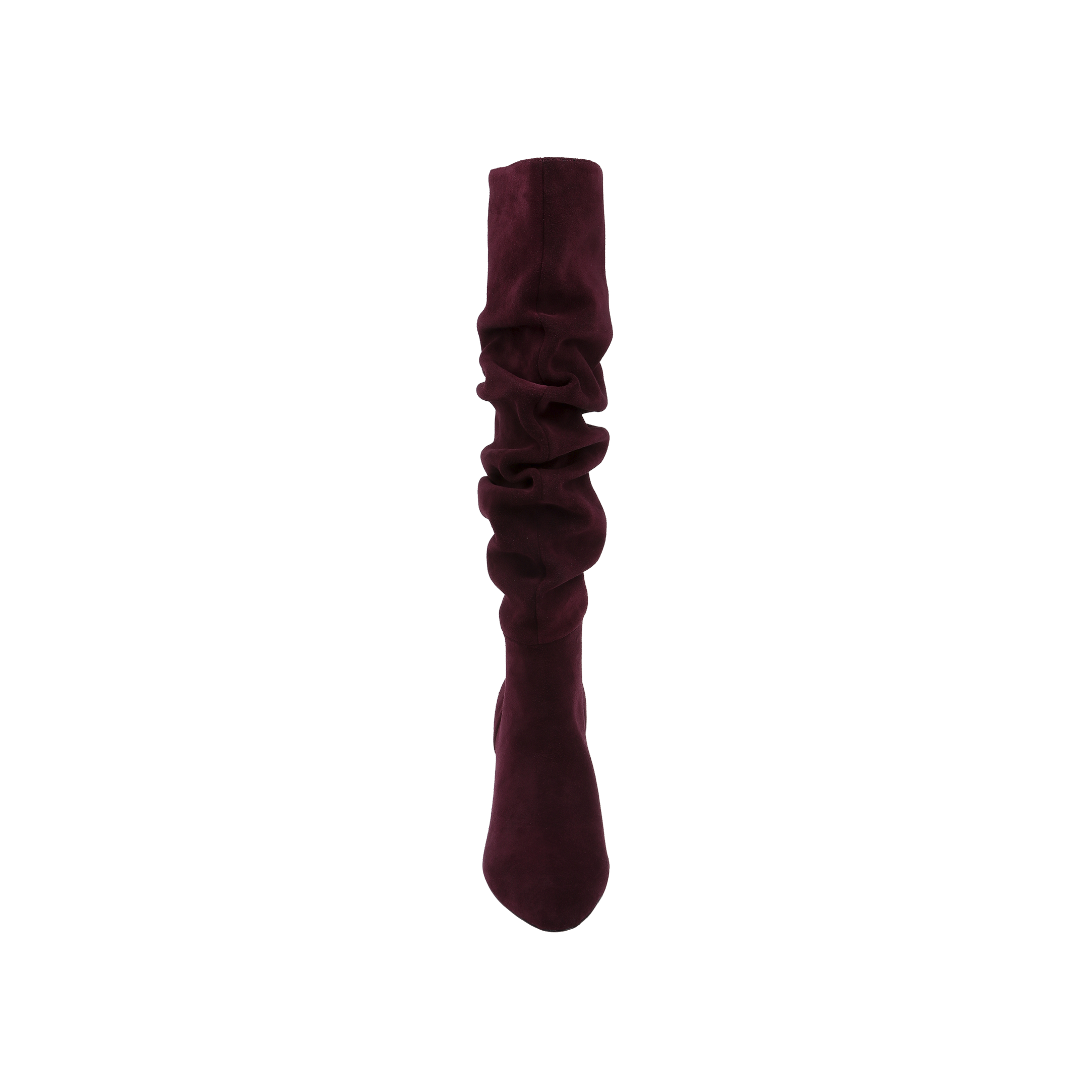 The Fletcher Boot, a single maroon slouchy suede boot with a stylish block heel, is displayed upright against a plain white background.