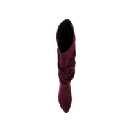 A top view of a single Fletcher Boot in maroon slouchy suede with a pointed toe, displayed on a plain white background.