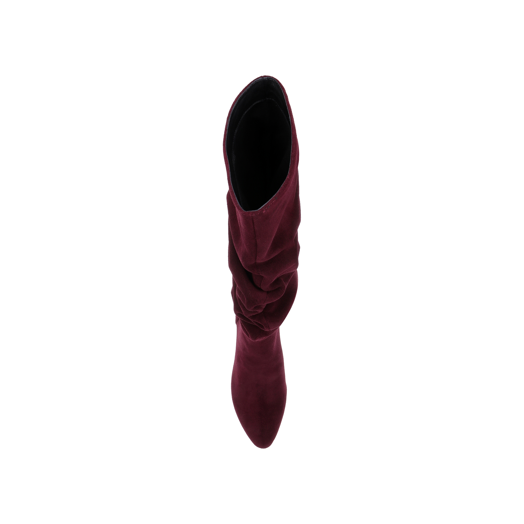 A top view of a single Fletcher Boot in maroon slouchy suede with a pointed toe, displayed on a plain white background.