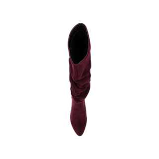 A top view of a single Fletcher Boot in maroon slouchy suede with a pointed toe, displayed on a plain white background.