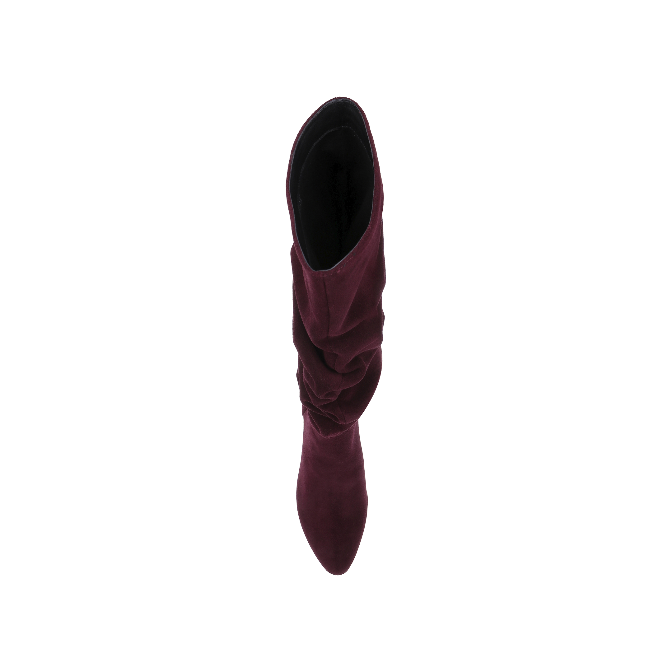 A top view of a single Fletcher Boot in maroon slouchy suede with a pointed toe, displayed on a plain white background.