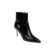 Houston Bootie in black leather, featuring a pointed toe and stiletto heel, displayed against a plain white background.