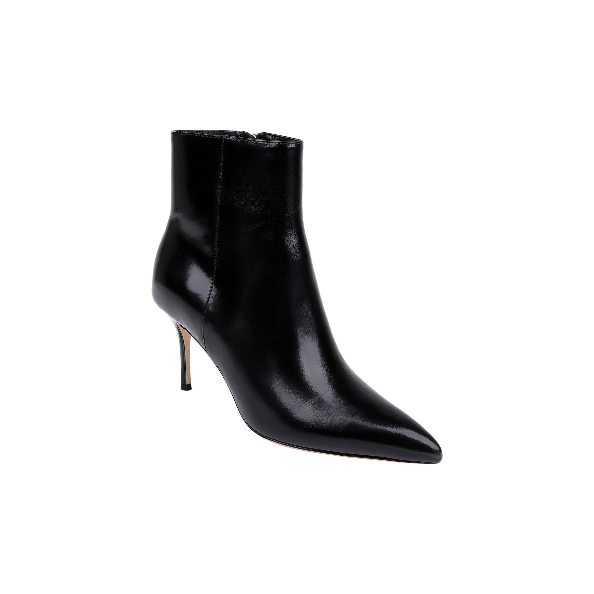 Houston Bootie in black leather, featuring a pointed toe and stiletto heel, displayed against a plain white background.