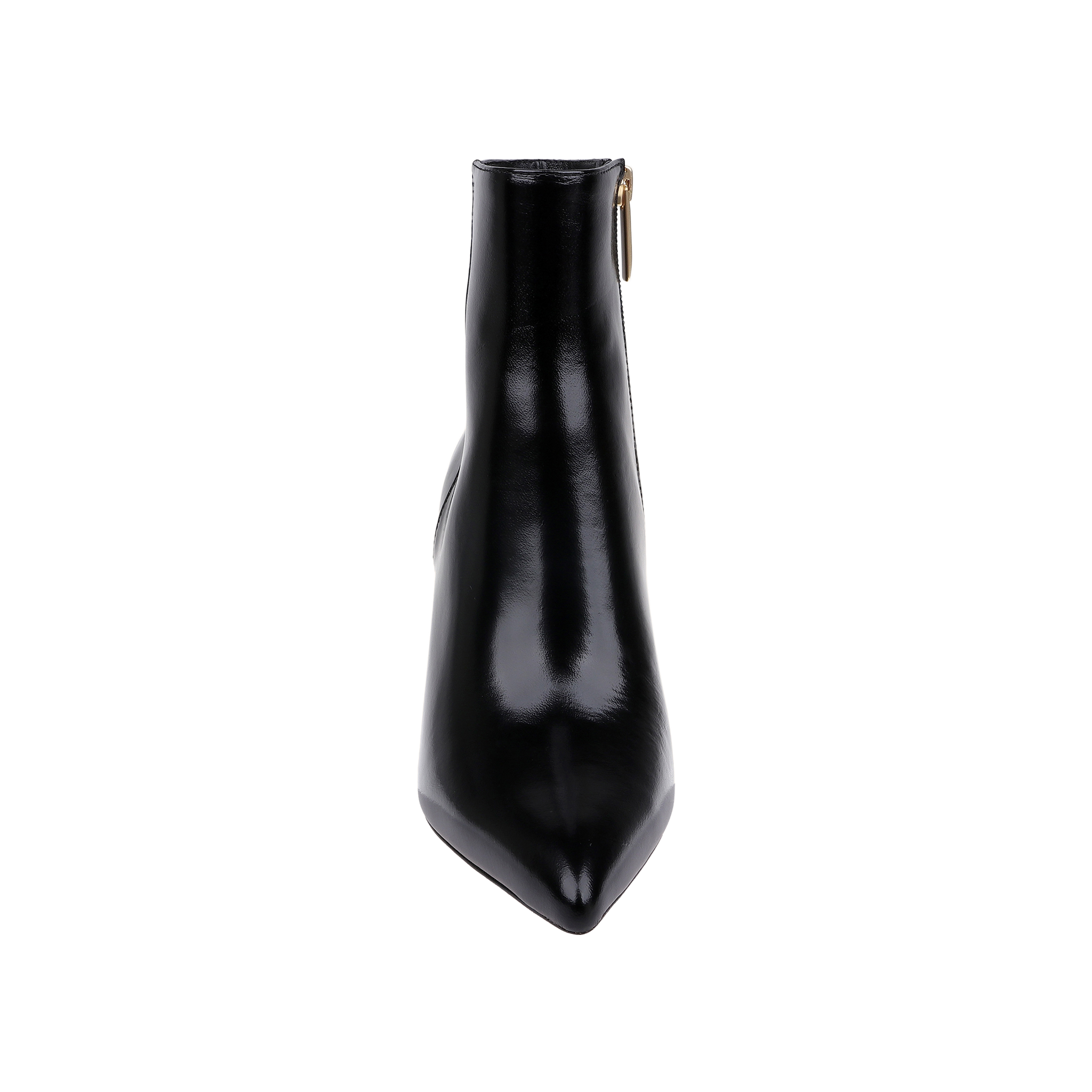 Front view of a single Houston Bootie in black leather, featuring a pointed toe and a side zipper, displayed on a plain white background.