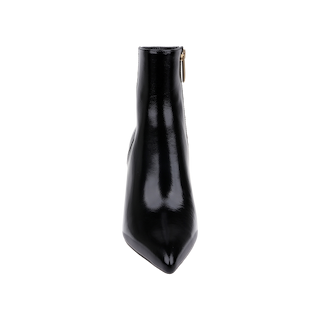 Front view of the Houston Bootie—a black leather ankle bootie featuring a shiny, pointed toe and side zipper—displayed against a plain white background.