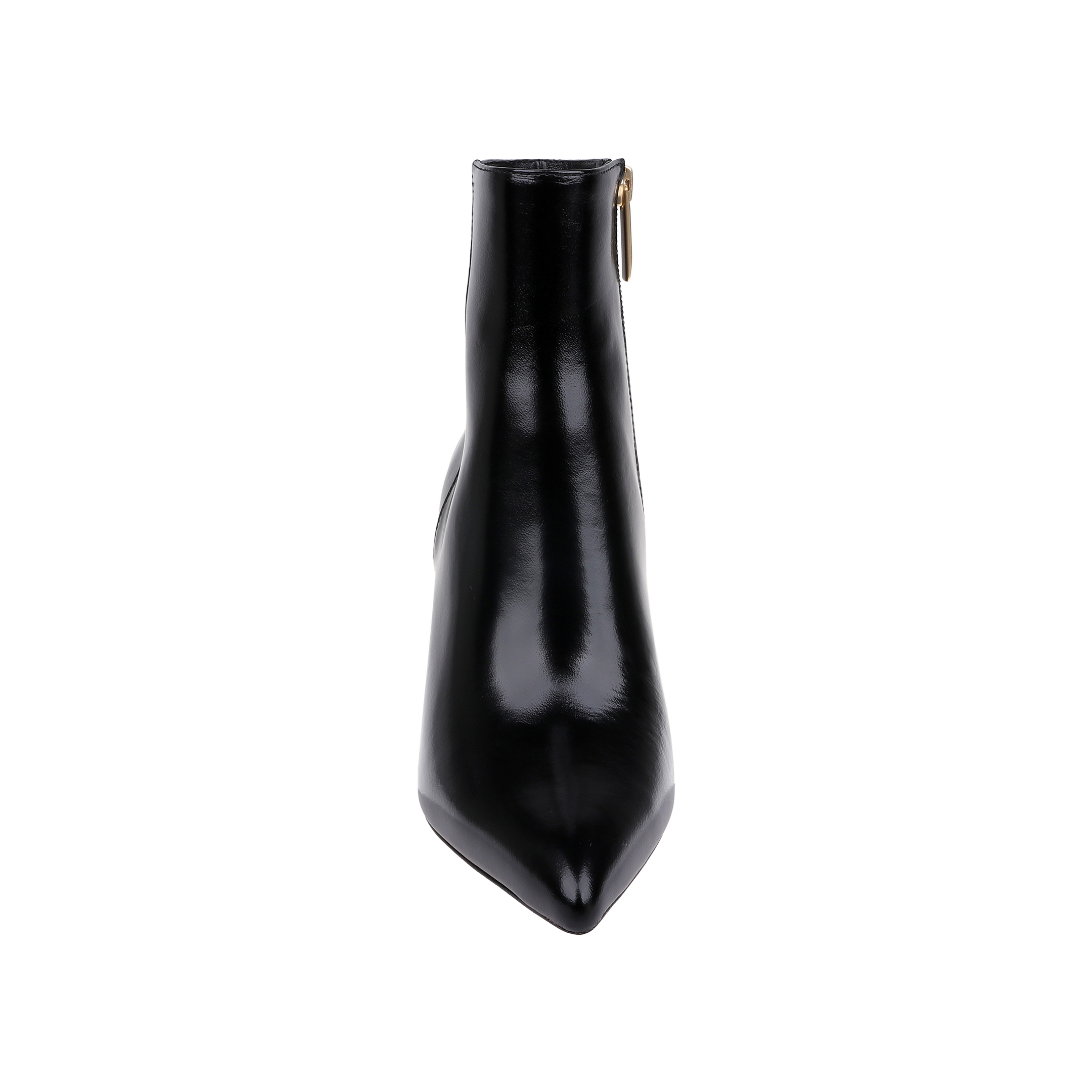 Front view of a single Houston Bootie in black leather, featuring a pointed toe and a side zipper, displayed on a plain white background.