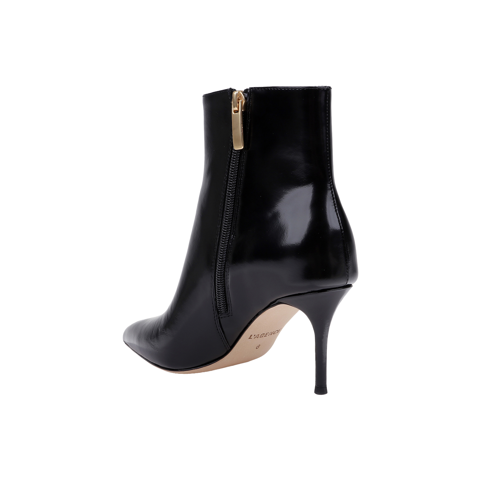 The Houston Bootie is a black leather ankle bootie featuring a pointed toe, side zipper, and stiletto heel, shown against a white background.