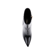 A top view of the Houston Bootie, a shiny black leather pointed-toe heeled bootie with a side zipper and the brand name LAGENCE visible on the insole, displayed on a white background.