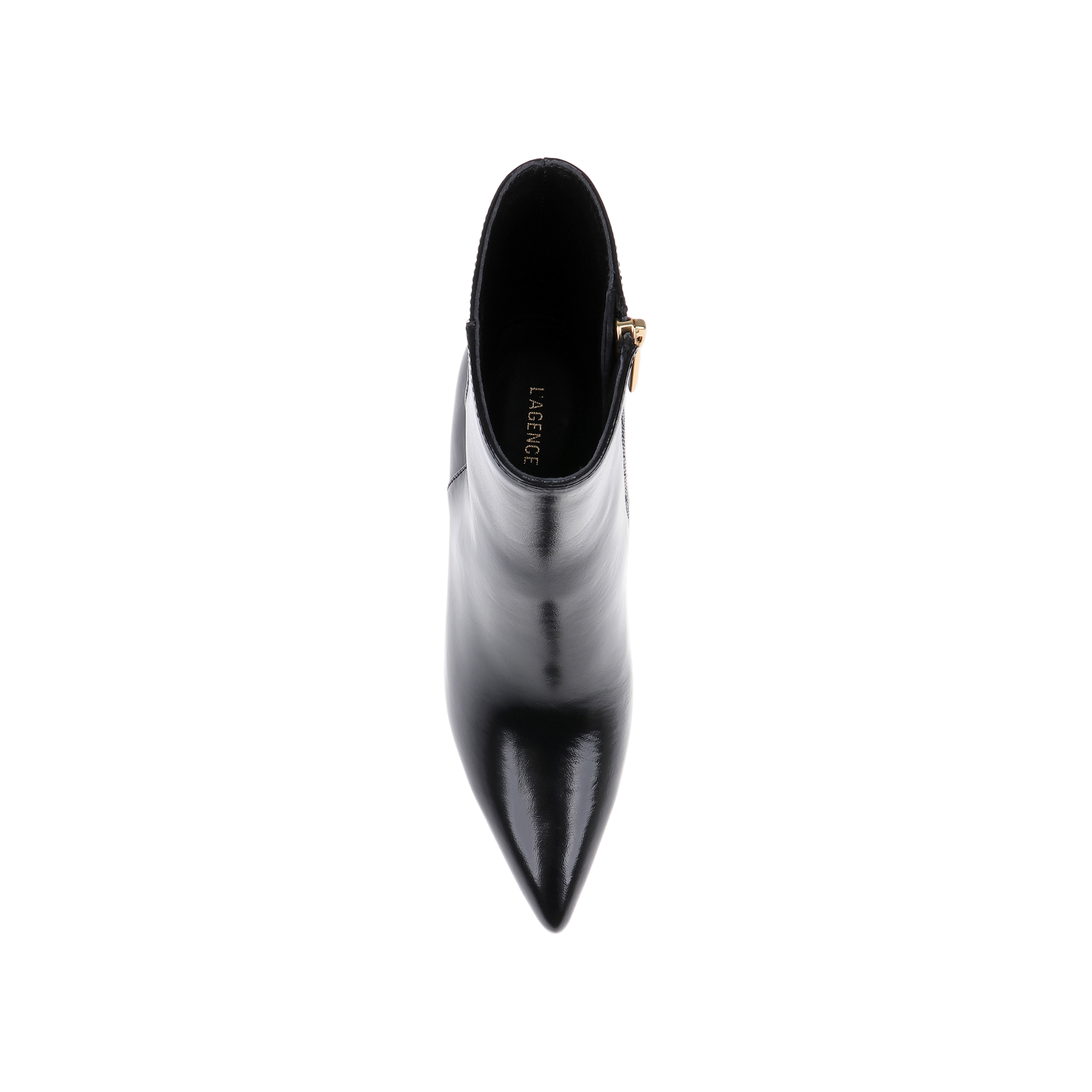 A top view of the Houston Bootie, a shiny black leather pointed-toe heeled bootie with a side zipper and the brand name LAGENCE visible on the insole, displayed on a white background.