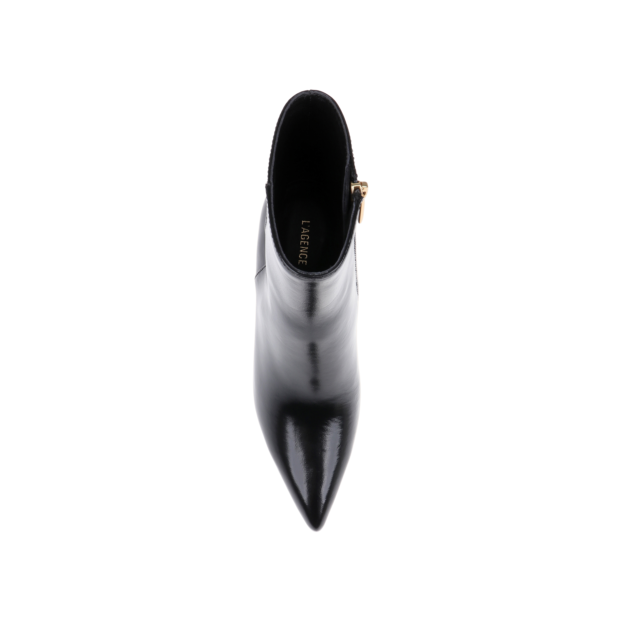 A top view of the Houston Bootie, a shiny black leather pointed-toe heeled bootie with a side zipper and the brand name LAGENCE visible on the insole, displayed on a white background.
