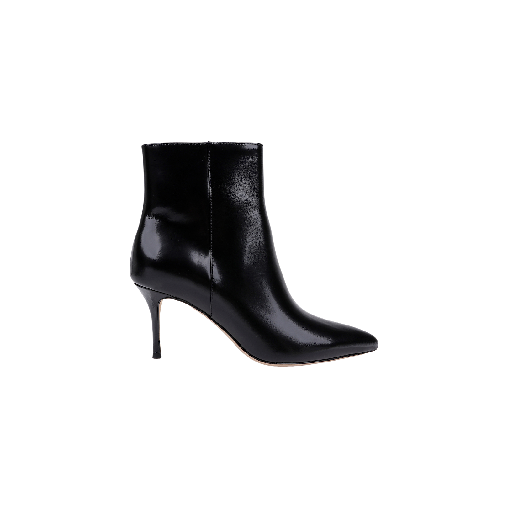 The Houston Bootie, a black leather high-heeled ankle bootie, is displayed in side profile against a plain white background.