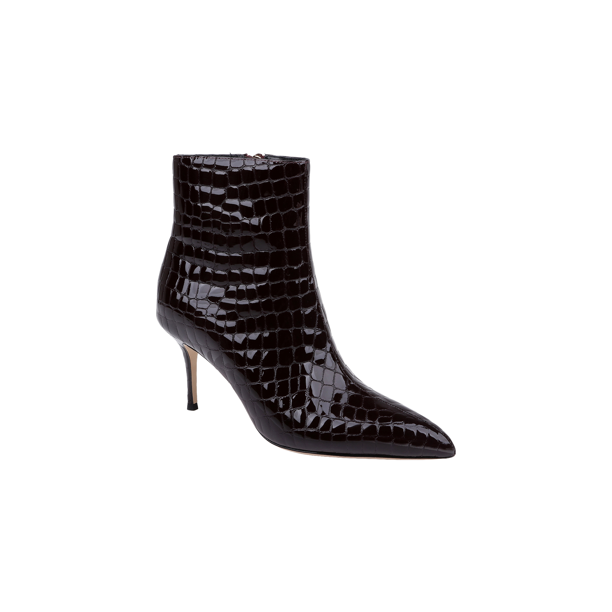 The Houston Bootie is a black, crocodile-embossed leather ankle boot featuring a pointed toe and a slim stiletto heel, shown against a plain white background.