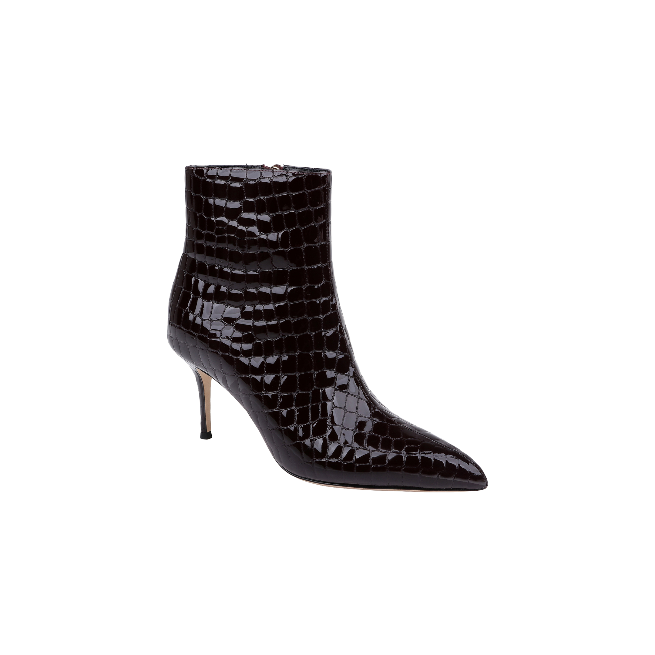 The Houston Bootie is a black, crocodile-embossed leather ankle boot featuring a pointed toe and a slim stiletto heel, shown against a plain white background.