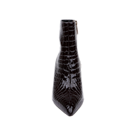 The Houston Bootie, shown from the front against a white background, is a black, crocodile-embossed ankle bootie featuring a pointed toe, stiletto heel, and side zipper.