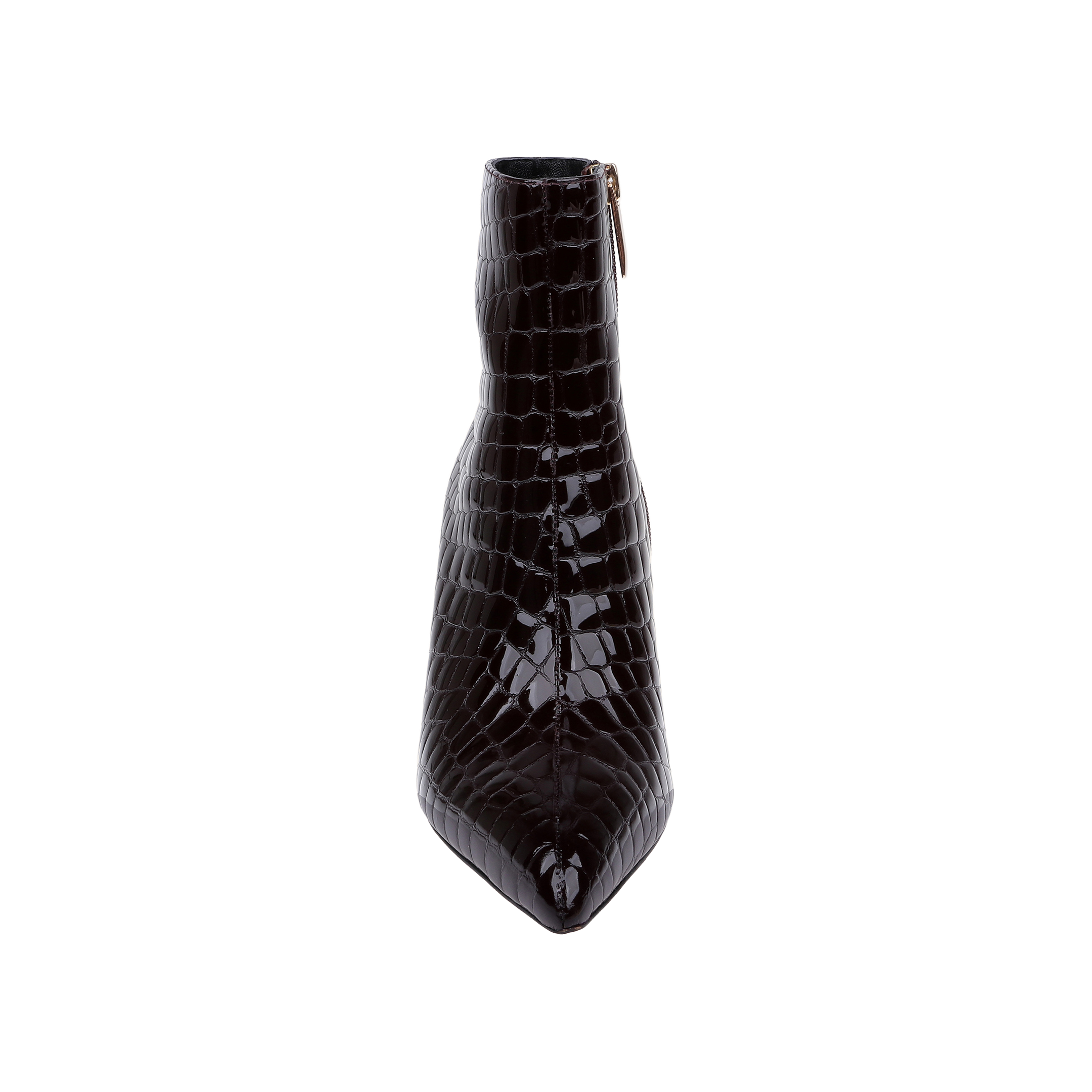 The Houston Bootie, shown from the front against a white background, is a black, crocodile-embossed ankle bootie featuring a pointed toe, stiletto heel, and side zipper.