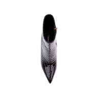 Top view of the Houston Bootie—a single, black, pointed-toe ankle bootie featuring a shiny faux-crocodile texture, stiletto heel, and side zipper—displayed on a plain white background.