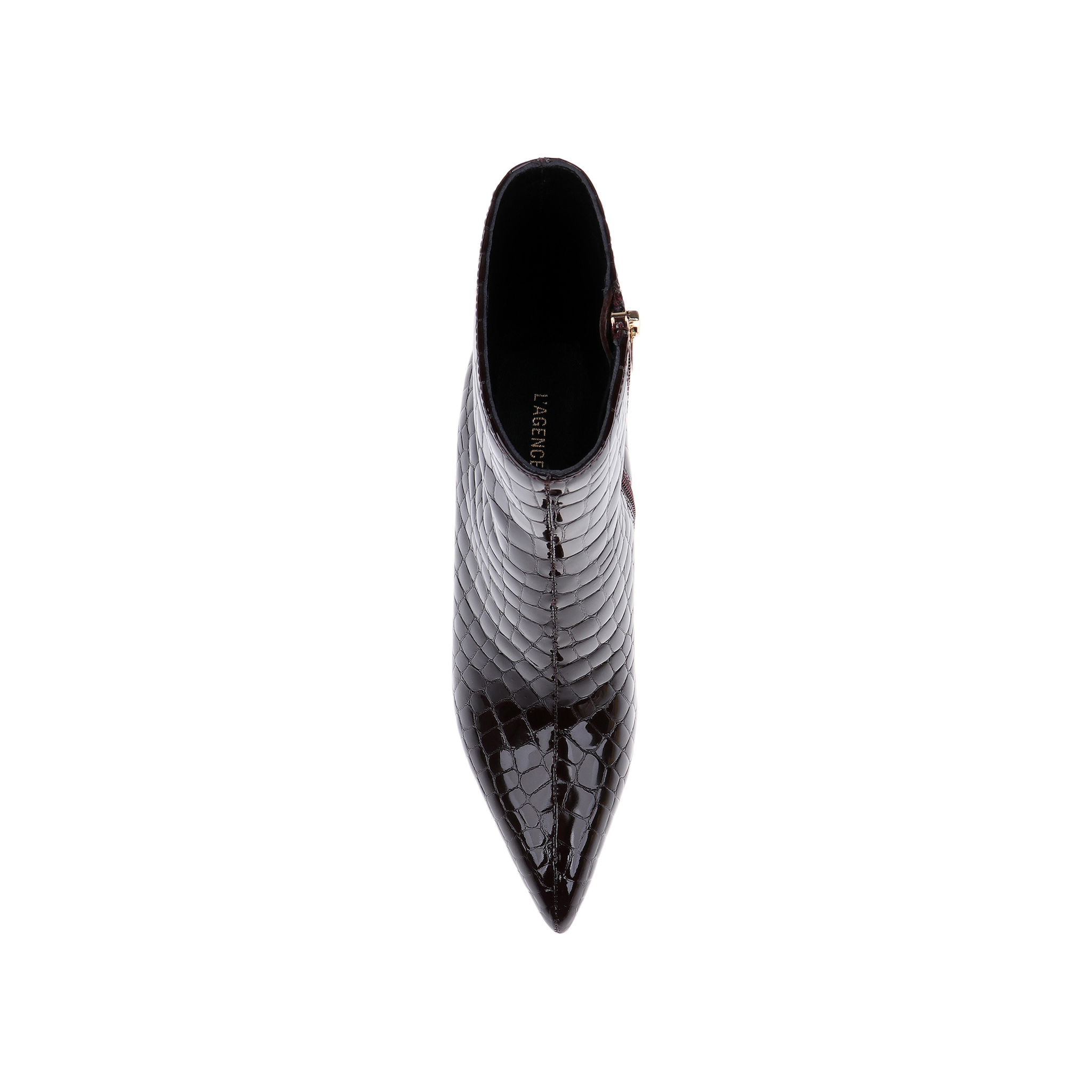 Top view of the Houston Bootie—a single, black, pointed-toe ankle bootie featuring a shiny faux-crocodile texture, stiletto heel, and side zipper—displayed on a plain white background.