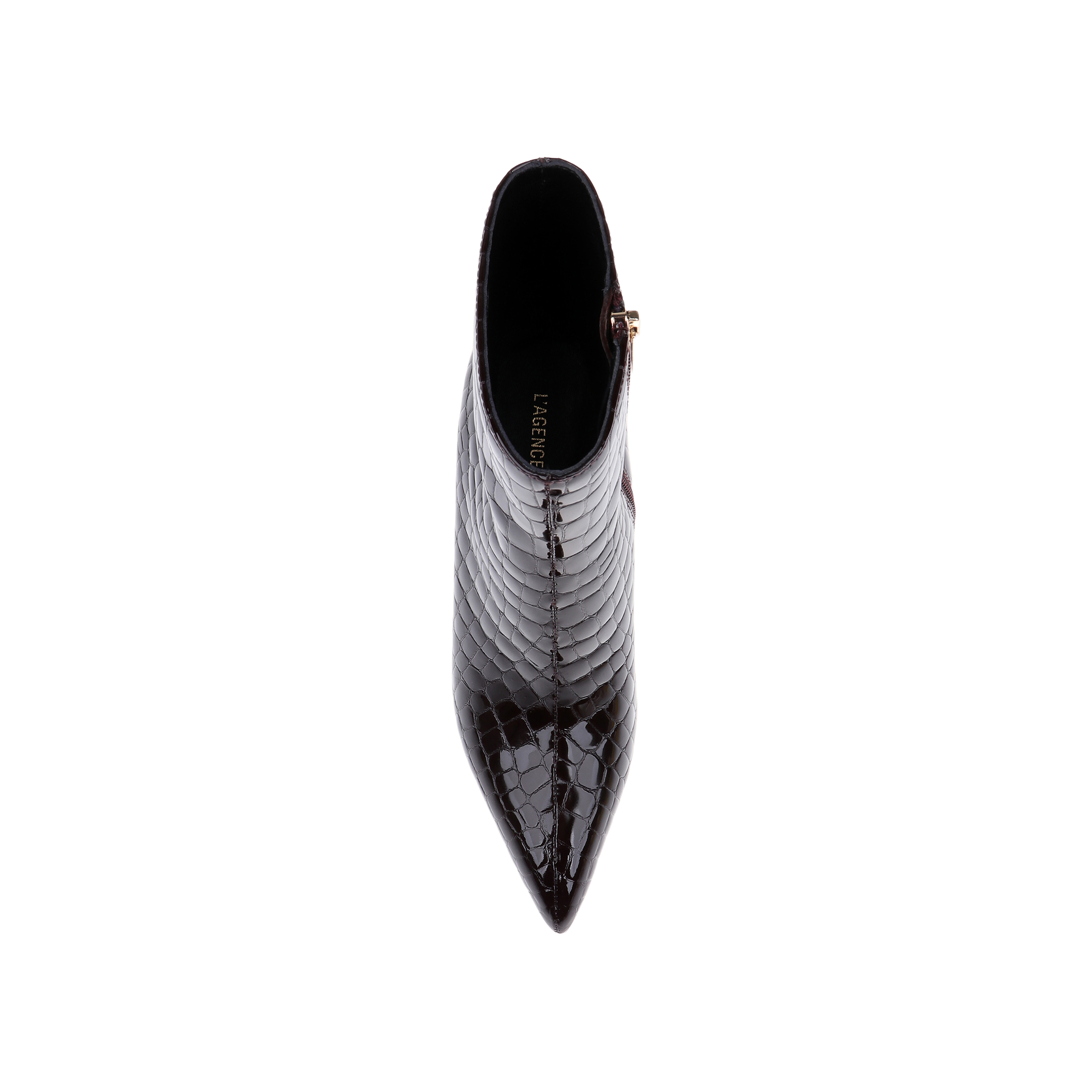 Top view of the Houston Bootie—a single, black, pointed-toe ankle bootie featuring a shiny faux-crocodile texture, stiletto heel, and side zipper—displayed on a plain white background.