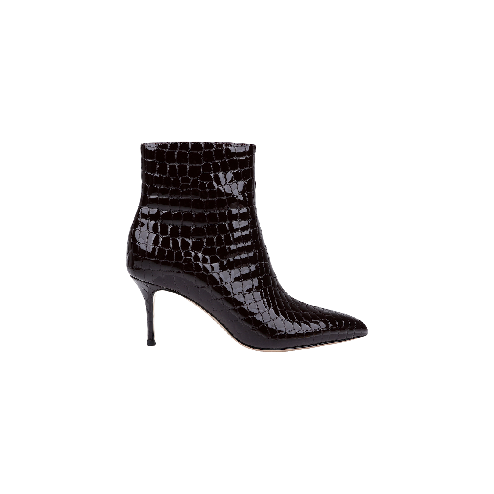 The Houston Bootie features a pointed toe, stiletto heel, and glossy crocodile-embossed leather texture in black, displayed in a left side profile on a plain white background.
