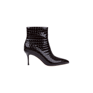 The Houston Bootie features a pointed toe, stiletto heel, and glossy crocodile-embossed leather texture in black, displayed in a left side profile on a plain white background.