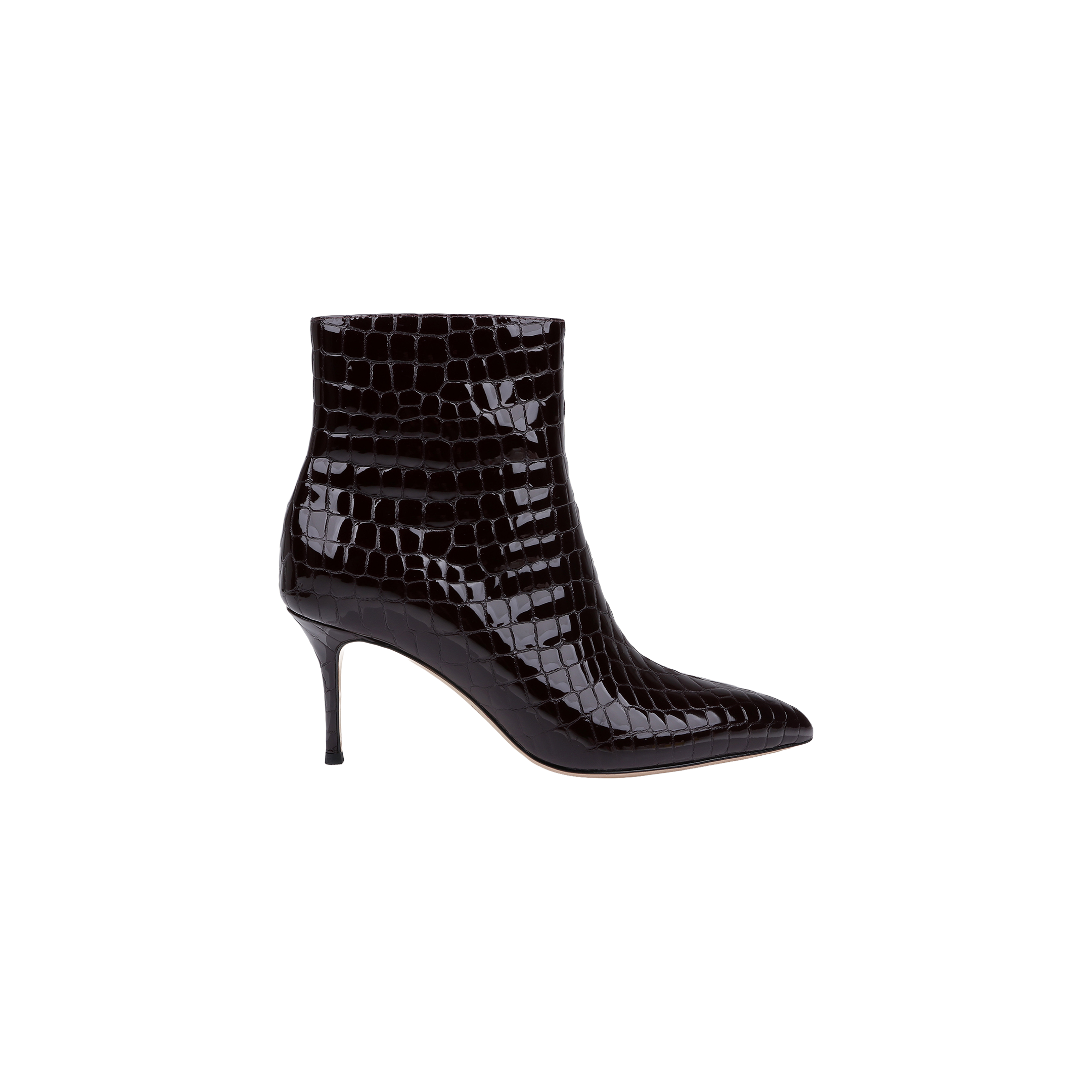 The Houston Bootie features a pointed toe, stiletto heel, and glossy crocodile-embossed leather texture in black, displayed in a left side profile on a plain white background.