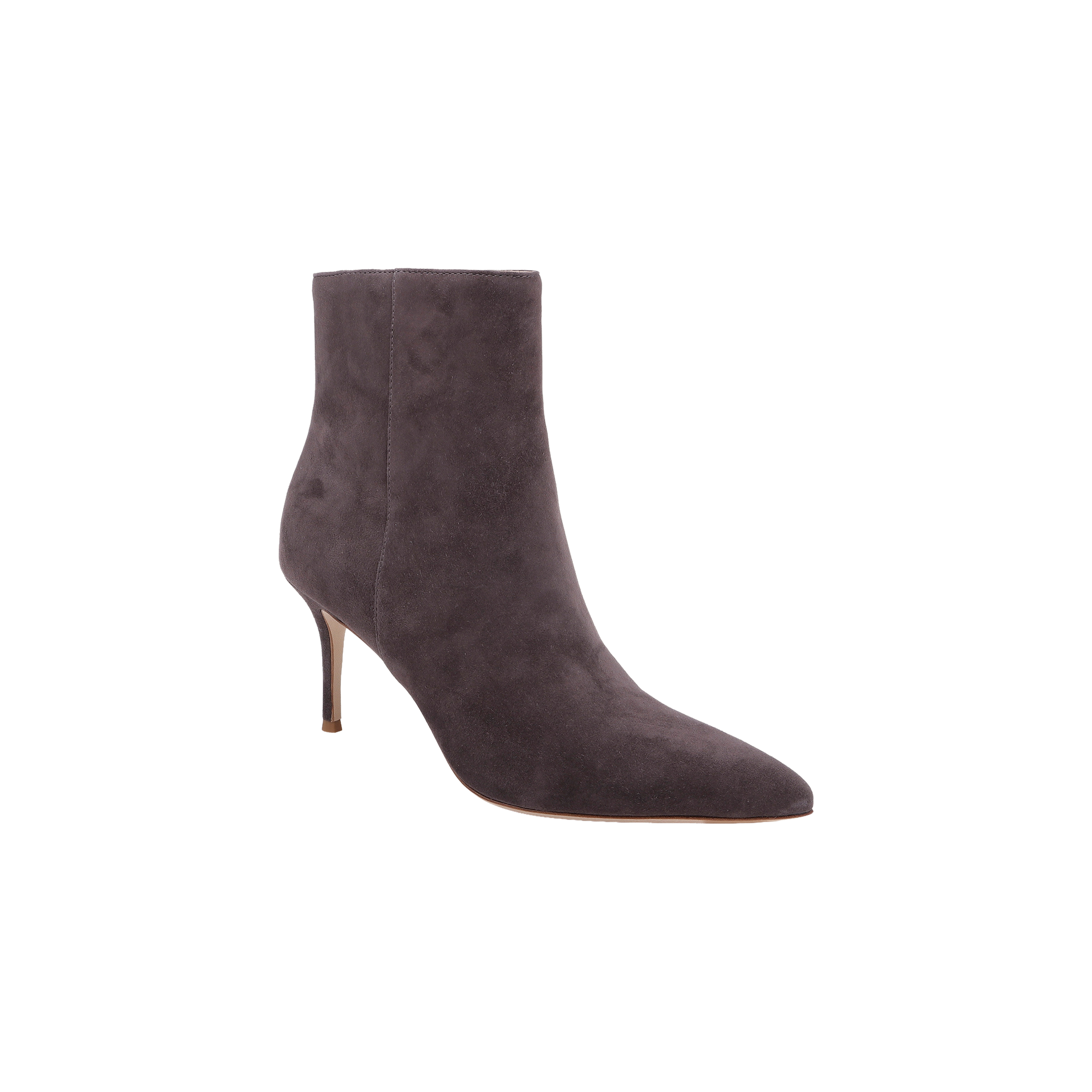 The Houston Bootie is a dark gray suede heeled bootie featuring a pointed toe and a thin high heel, photographed against a plain white background.