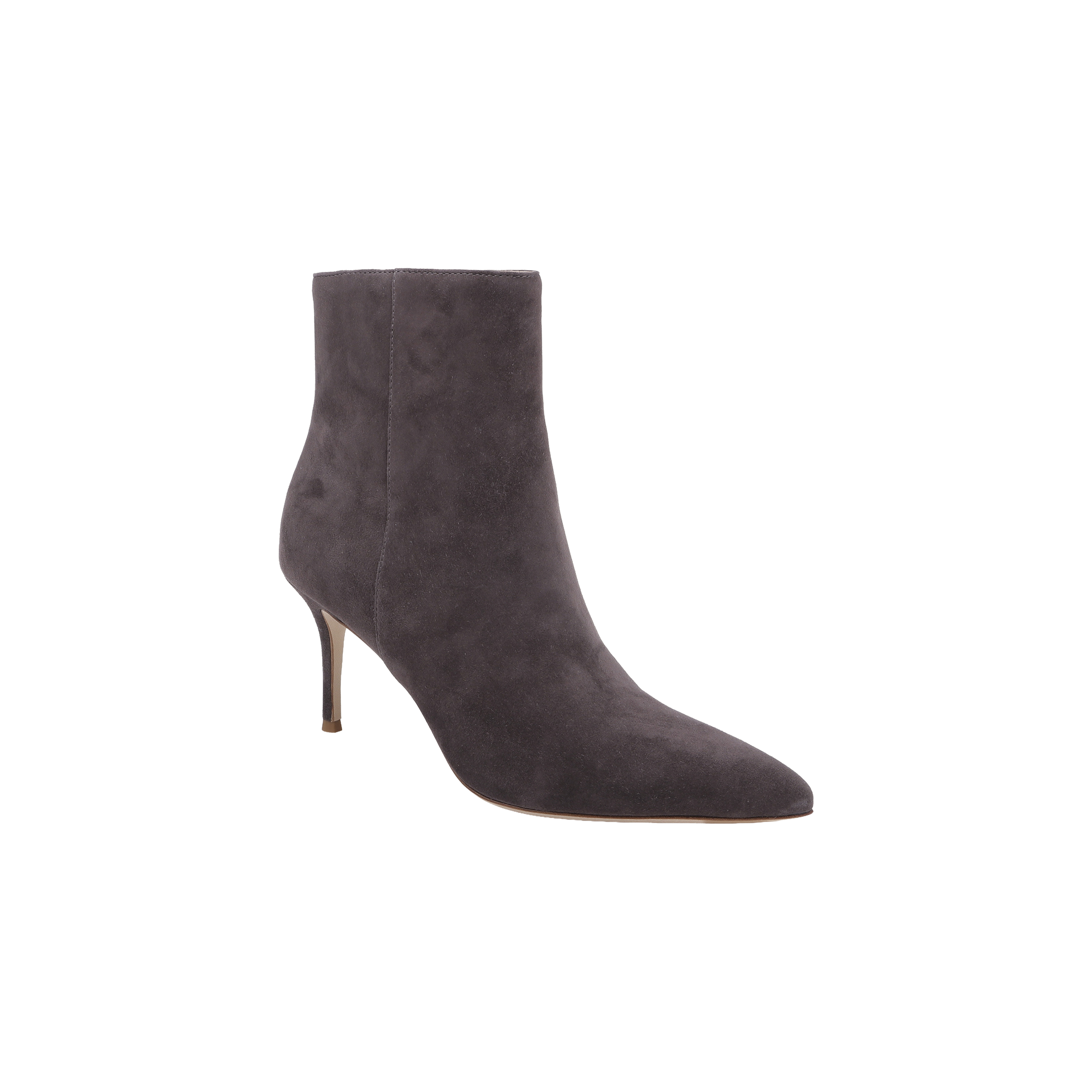 The Houston Bootie is a dark gray suede heeled bootie featuring a pointed toe and a thin high heel, photographed against a plain white background.
