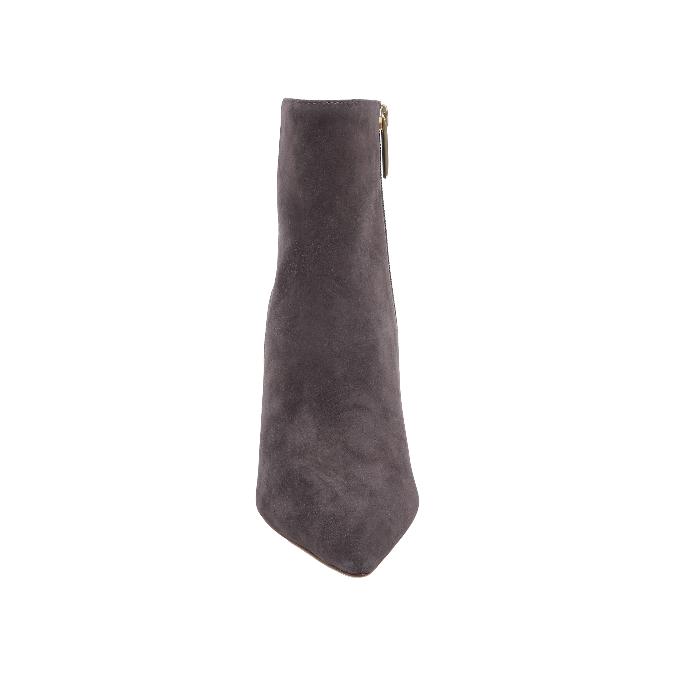 The Houston Bootie is a single dark gray suede heeled bootie with a pointed toe and side zipper, photographed from the front against a plain white background.