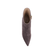 Top view of a single Houston Bootie in gray suede, featuring a pointed toe and a side zipper, displayed on a plain white background.